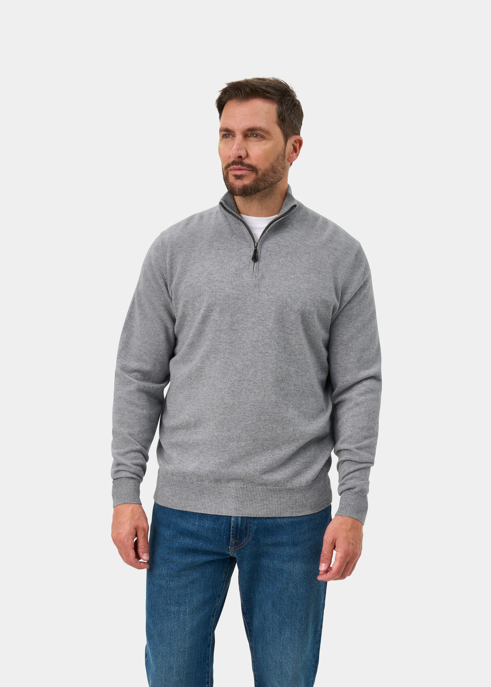 Hanbury Cashmere Zipped Mock Neck Jumper in Light Grey Mix - Regular Fit