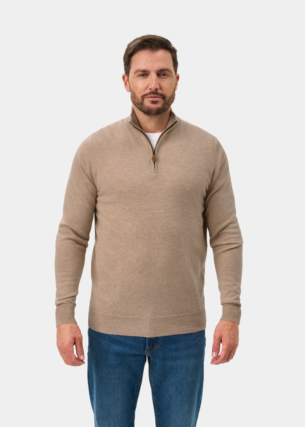 Hanbury Cashmere Zipped Mock Neck Jumper in Linen - Regular Fit