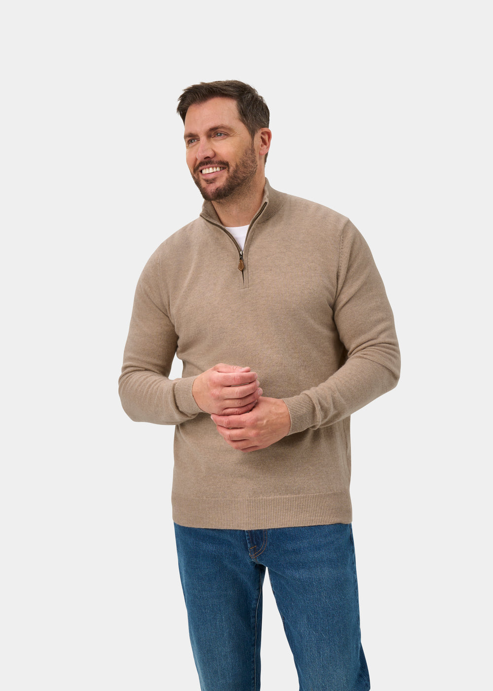 Hanbury Cashmere Zipped Mock Neck Jumper in Linen - Regular Fit