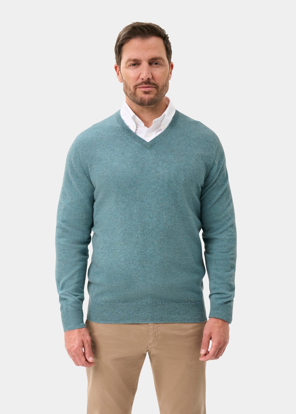 Men's Cashmere Vee Neck Jumper in Caspian