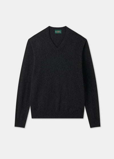 Men's Cashmere Vee Neck Jumper in Charcoal