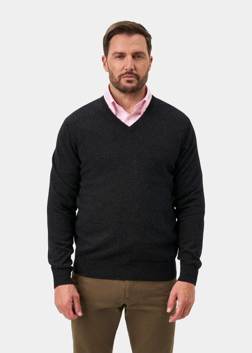 Haddington Pure Cashmere V-Neck Jumper In Charcoal - Regular Fit