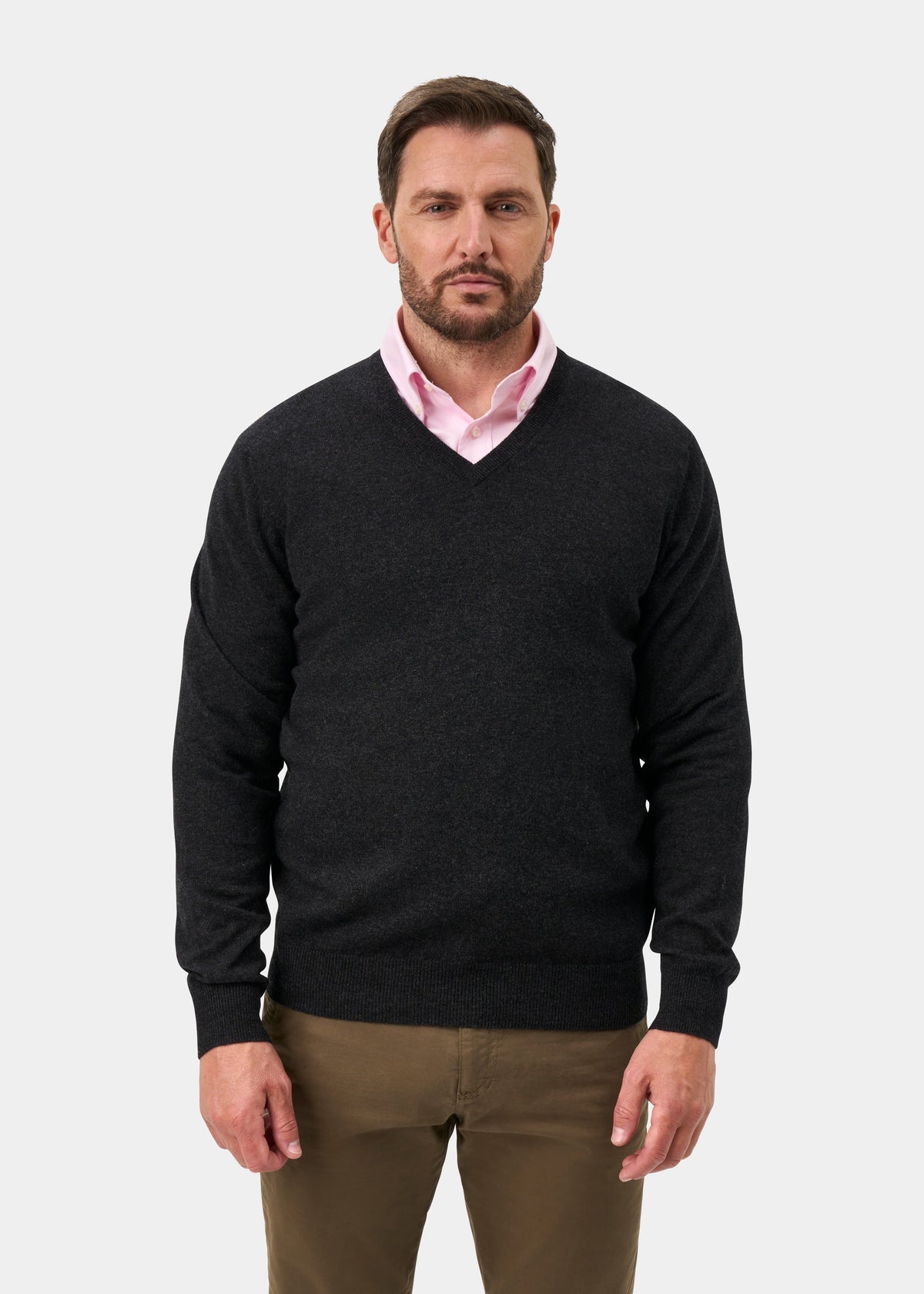 Haddington Pure Cashmere V-Neck Jumper In Charcoal - Regular Fit