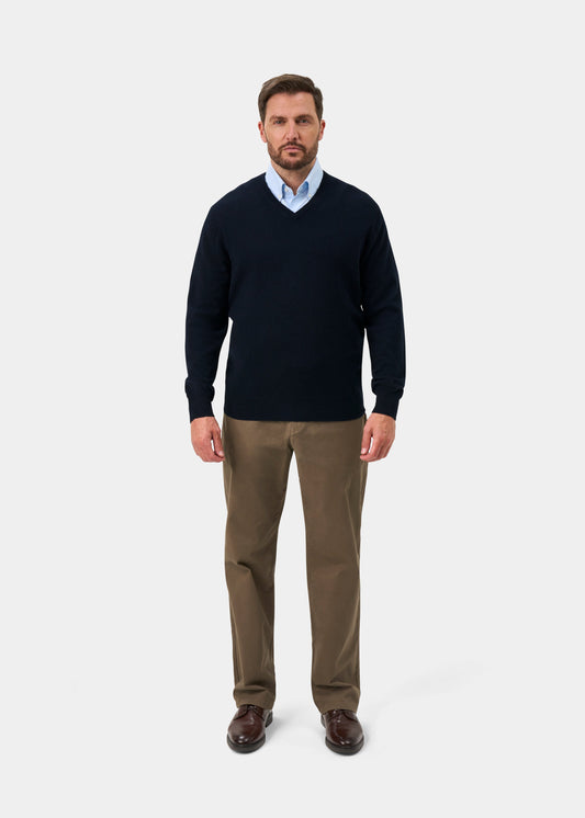 Haddington Pure Cashmere Vee Neck Jumper In Dark Navy - Regular Fit