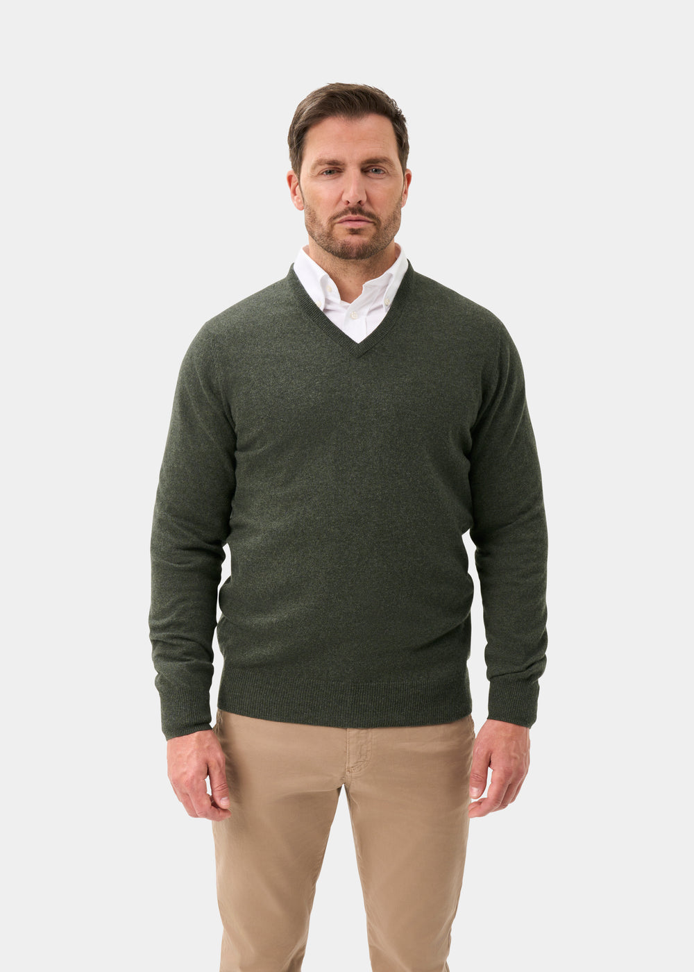 Men's Cashmere Vee Neck Jumper in Rosemary