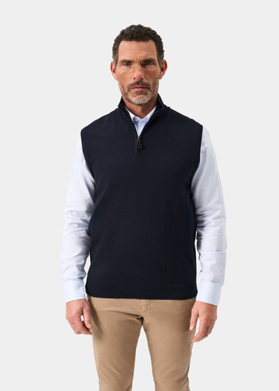 Men's Cotton Cashmere Quarter Zip Gilet in Navy