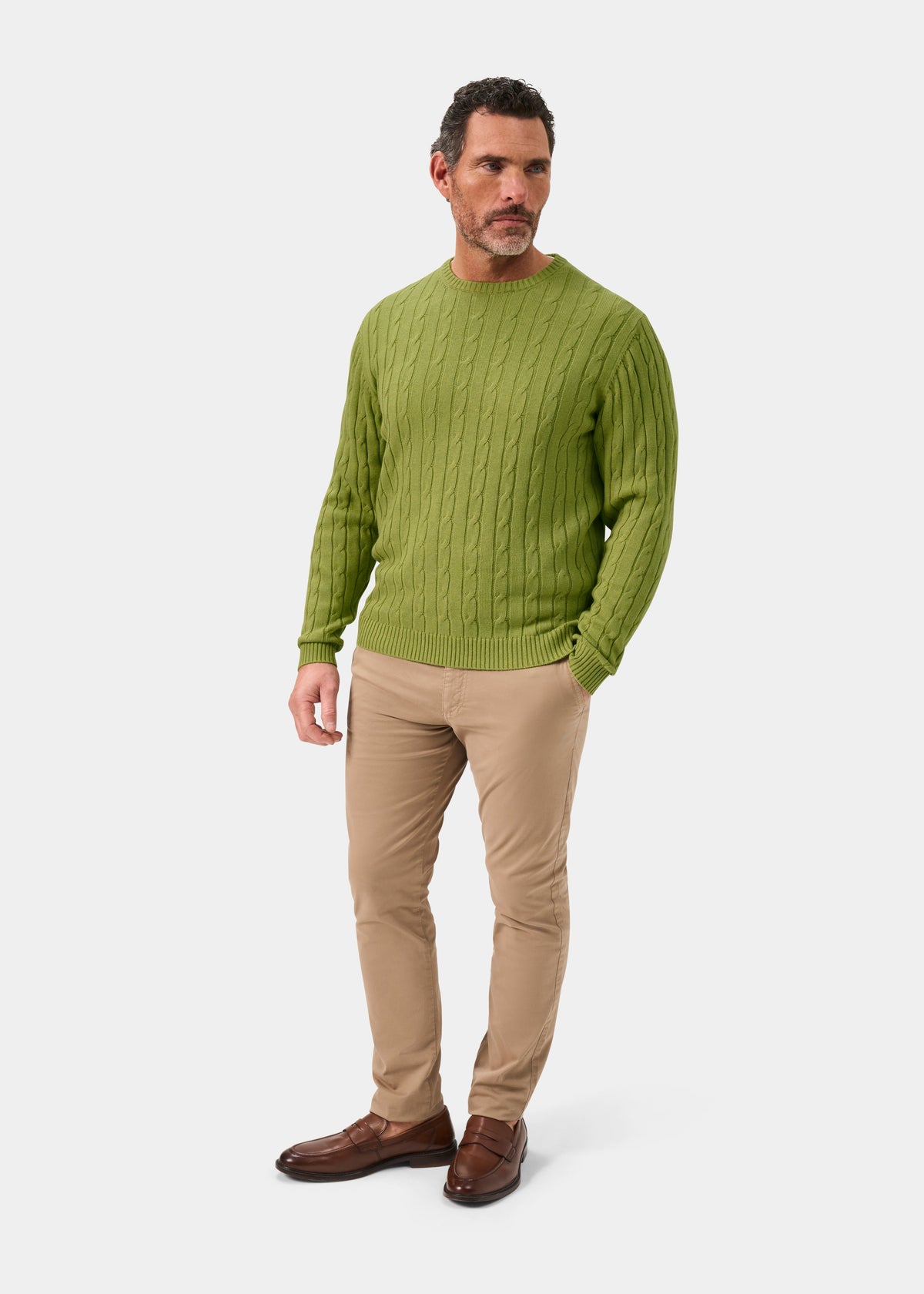 Honley Cotton Cashmere Cable Knit Crew Neck Jumper In Lichen - Regular Fit