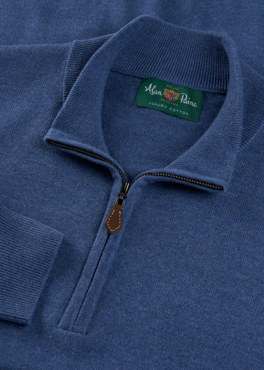Mens Cotton Cashmere Quarter Zip Jumper in Indigo