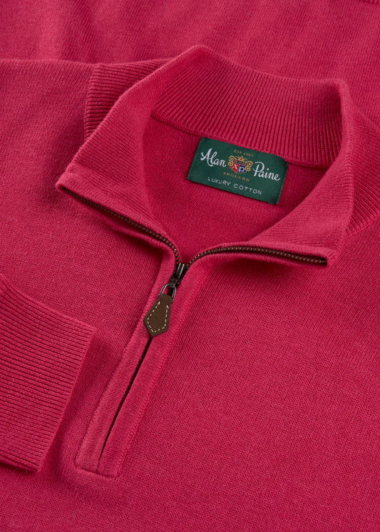 Mens Cotton Cashmere Quarter Zip Jumper in Raspberry Red