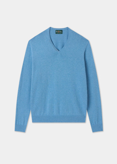 Men's Cotton Cashmere Vee Neck Jumper in Light Blue