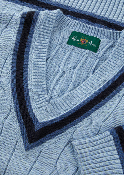 Cotton V-Neck Cricket Jumper In Light Blue and Navy