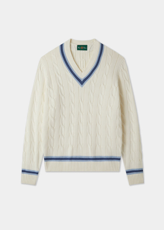 Men's Cotton V-neck Cricket Jumper In White and Blue