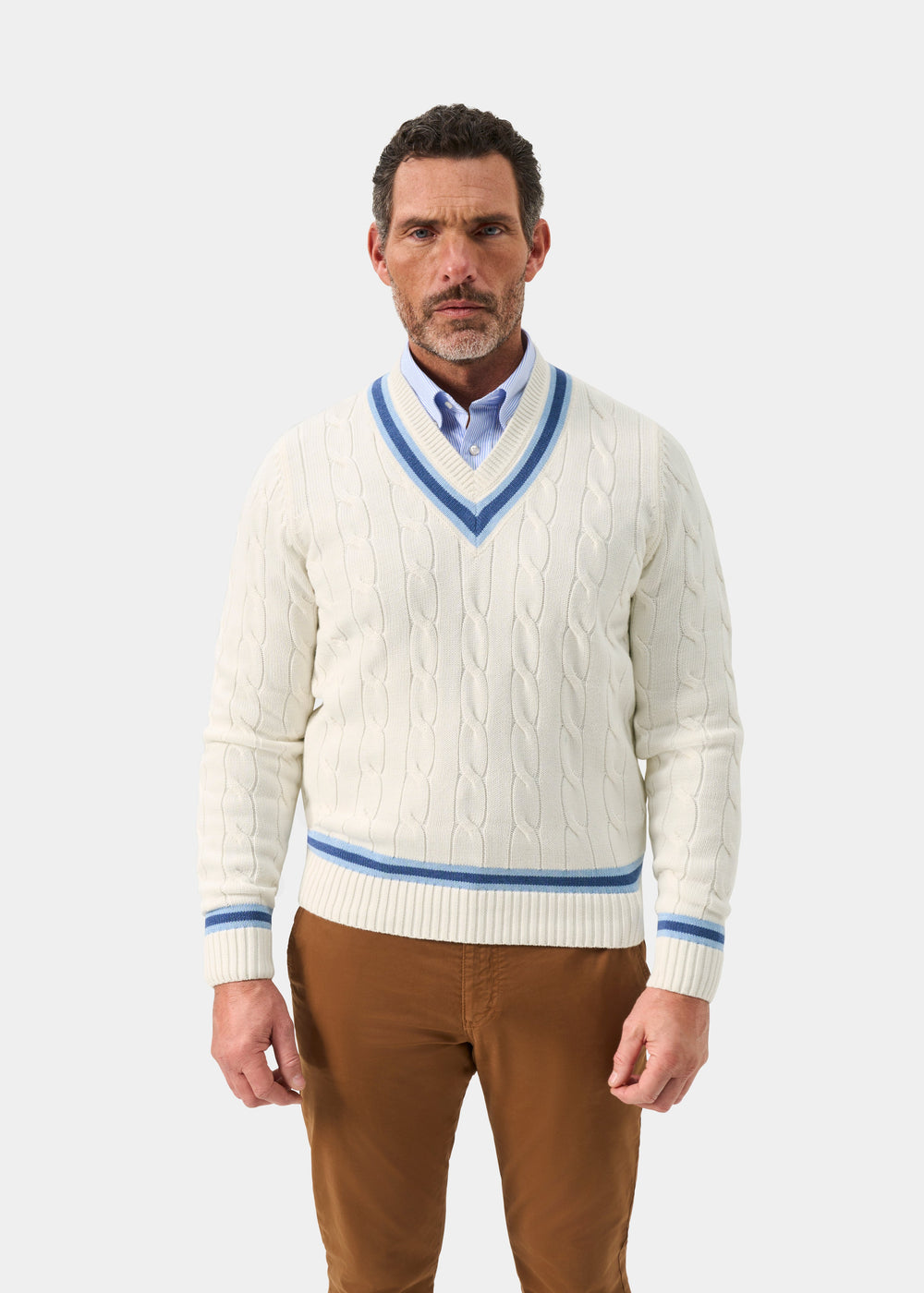Men's Cotton V-neck Cricket Jumper In White and Blue