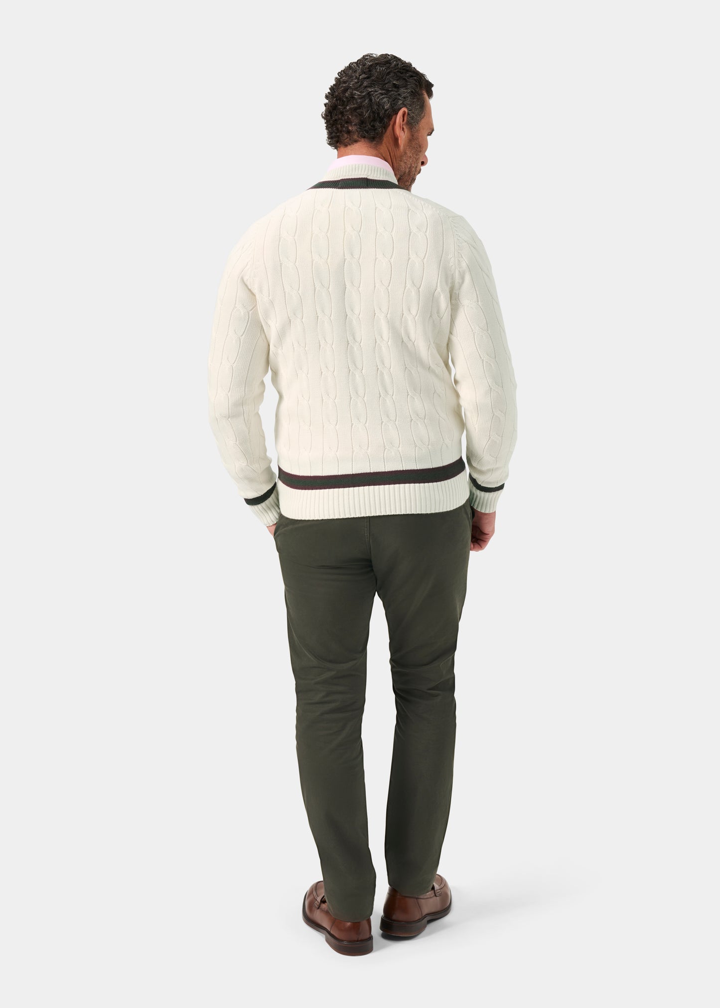 Men's Cotton Vee Neck Cricket Jumper in White, Purple and Green