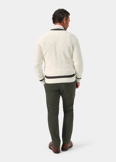 Men's Cotton Vee Neck Cricket Jumper in White, Purple and Green