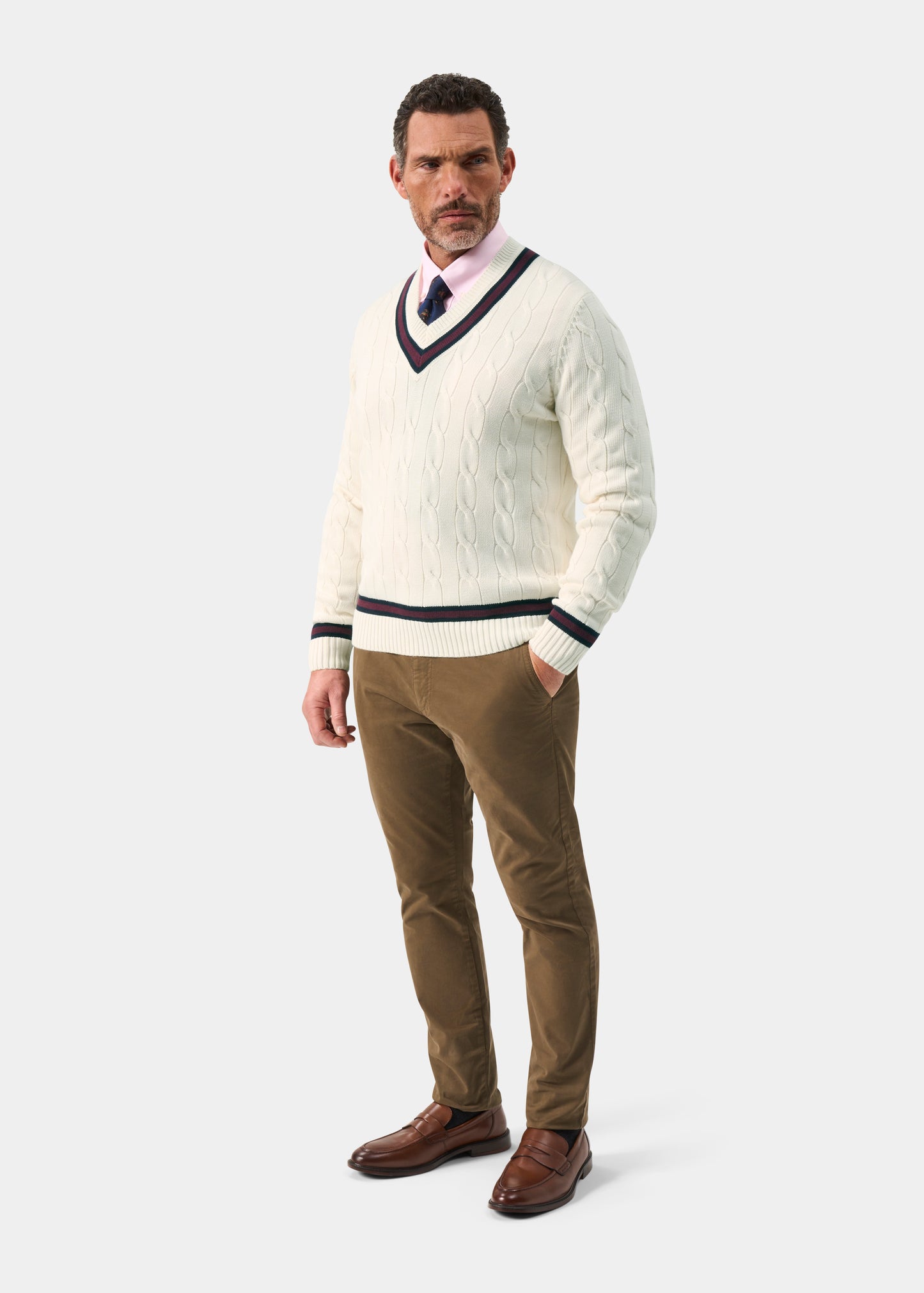 Men's Cotton Vee Neck Cricket Jumper in White, Navy and Purple