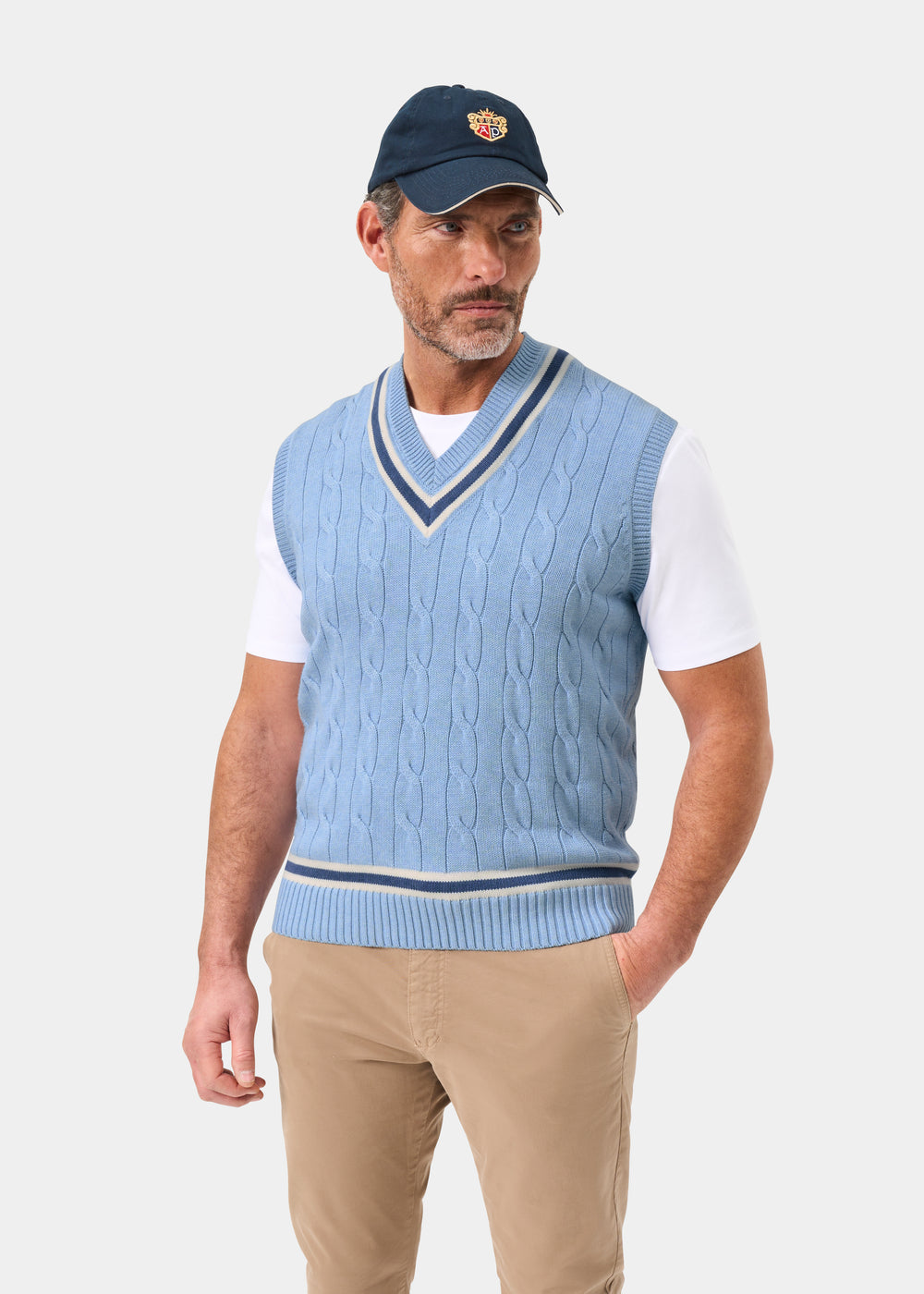 Men's Cotton Vee Neck Slipover Cricket Jumper in Light Blue and Navy