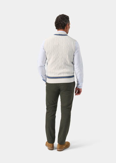 Men's Cotton Vee Neck Slipover Cricket Junper in White and Blue