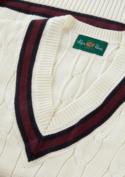 Men's Cotton Vee Neck Slipover Cricket Junper in White and Red