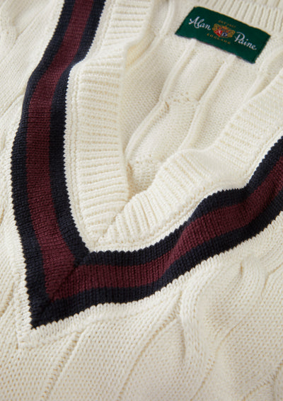 Men's Cotton Vee Neck Slipover Cricket Junper in White and Red