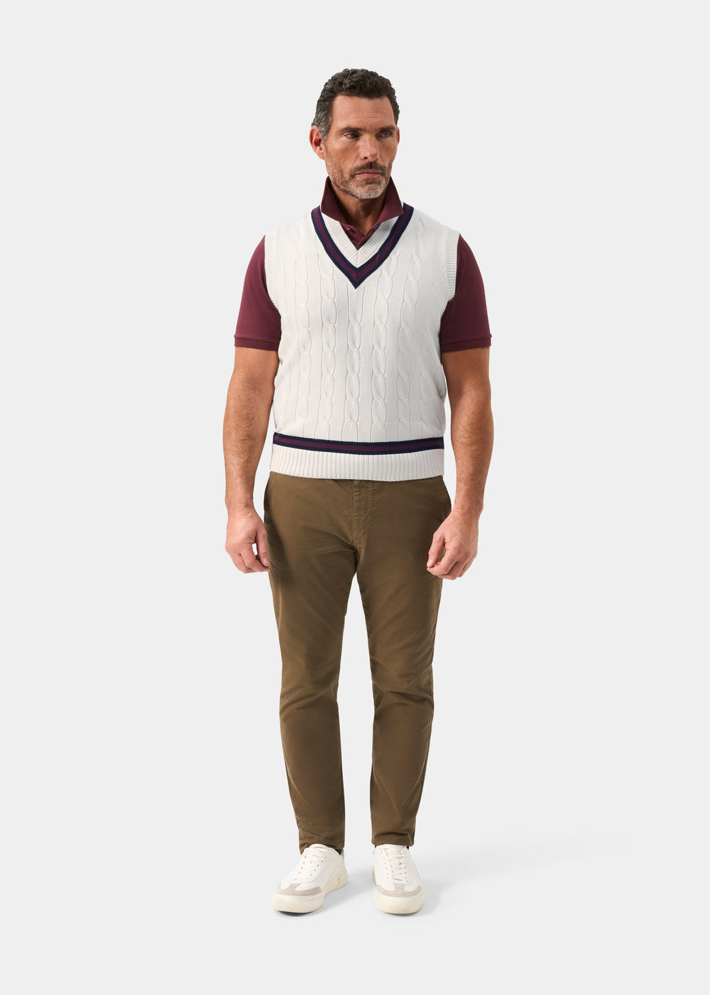 Men's Cotton Vee Neck Slipover Cricket Junper in White and Red