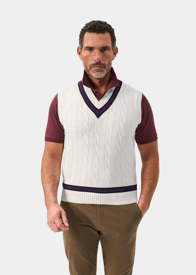 Men's Cotton Vee Neck Slipover Cricket Junper in White and Red