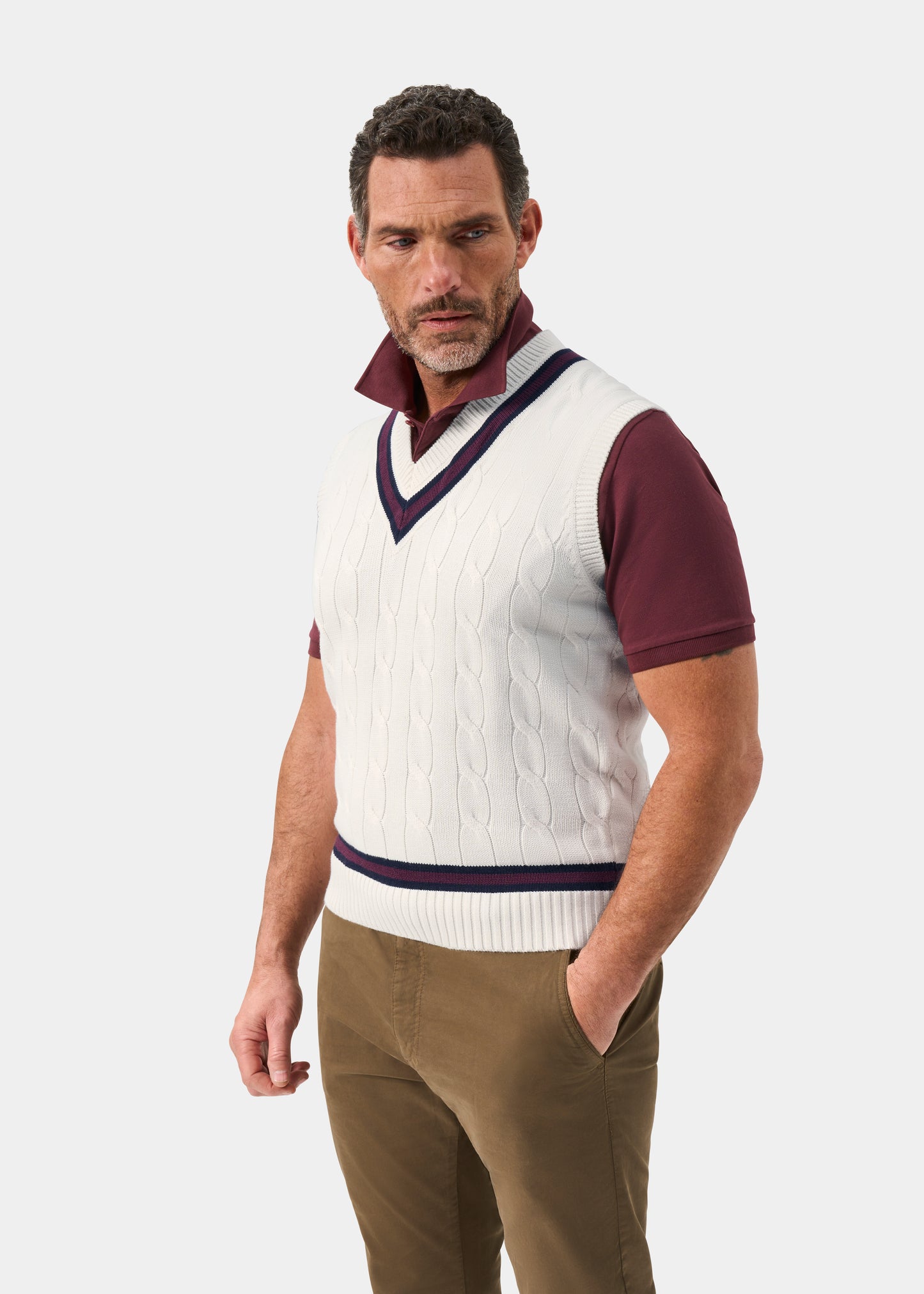 Men's Cotton Vee Neck Slipover Cricket Junper in White and Red