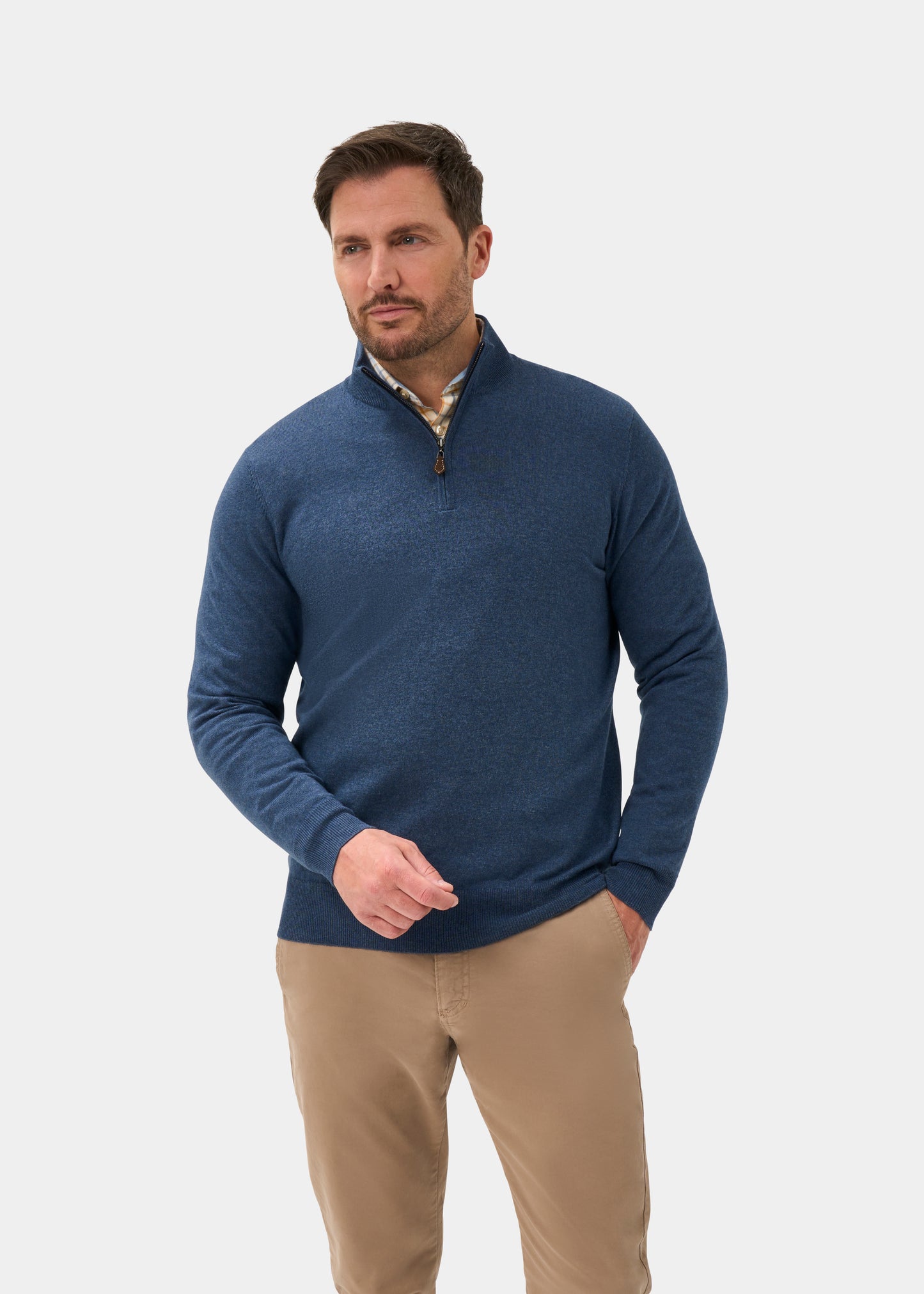Men's Cotton Merino Quarter Zip Neck Jumper in Denim