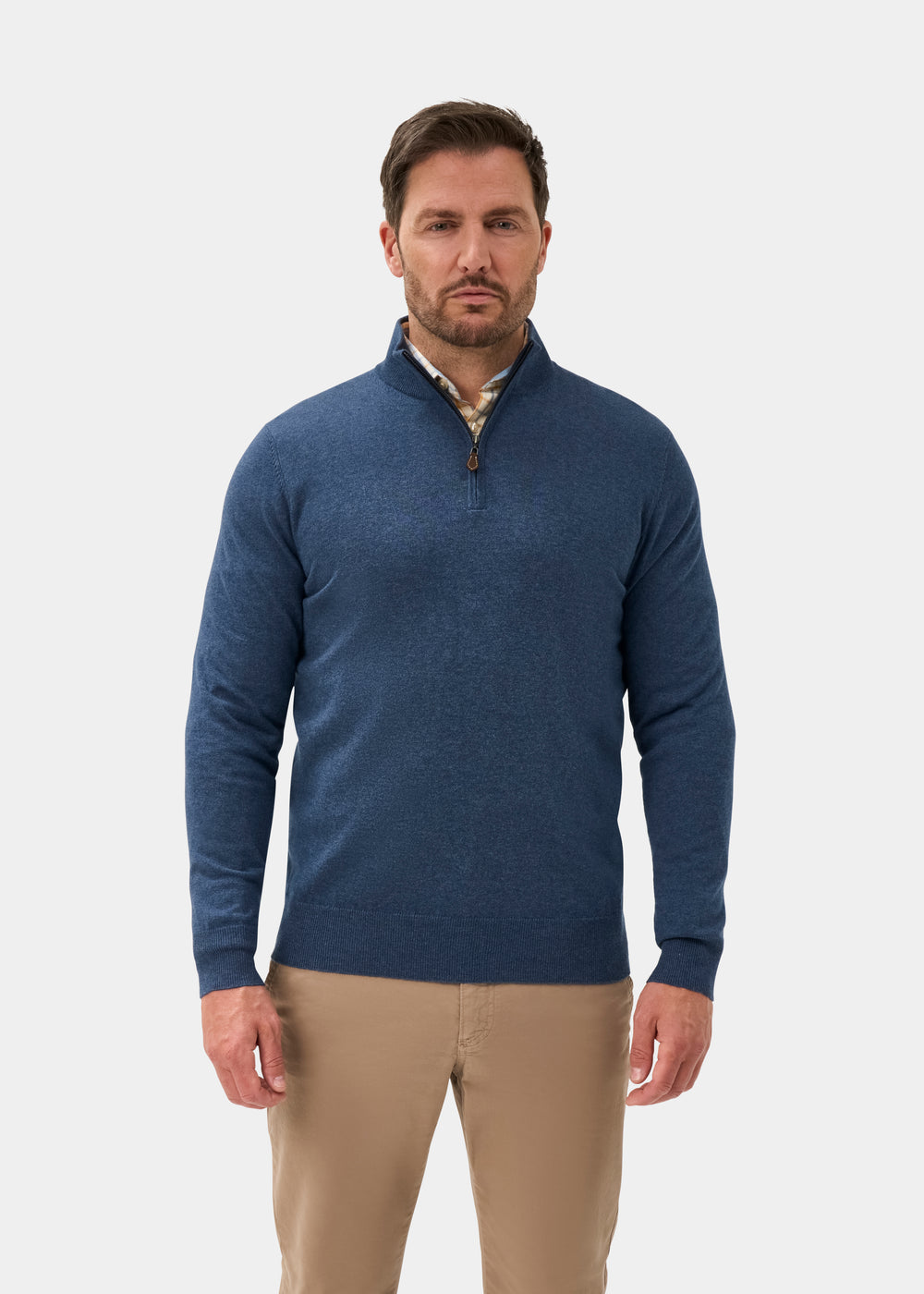 Men's Cotton Merino Quarter Zip Neck Jumper in Denim