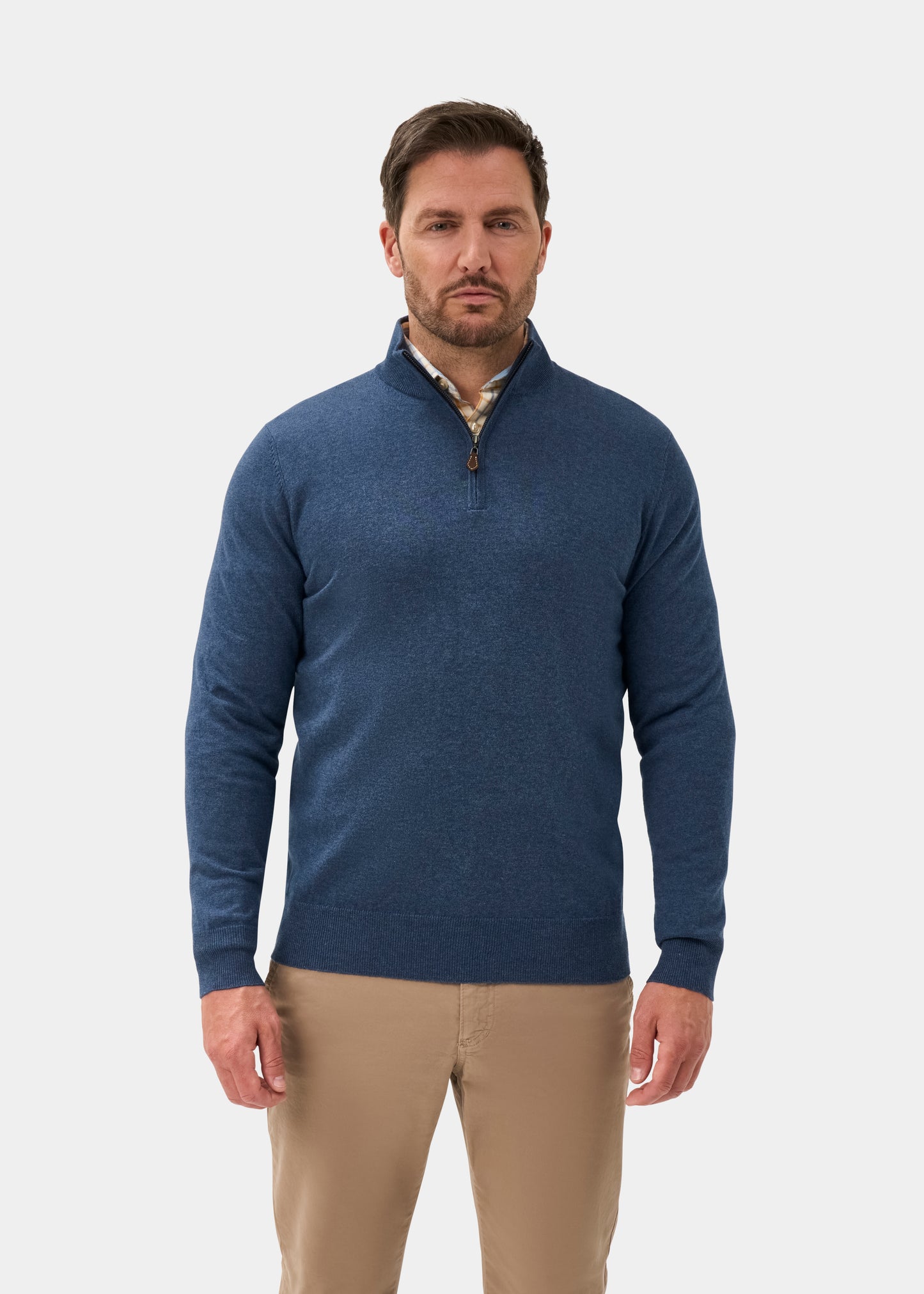 Men's Cotton Merino Quarter Zip Neck Jumper in Denim
