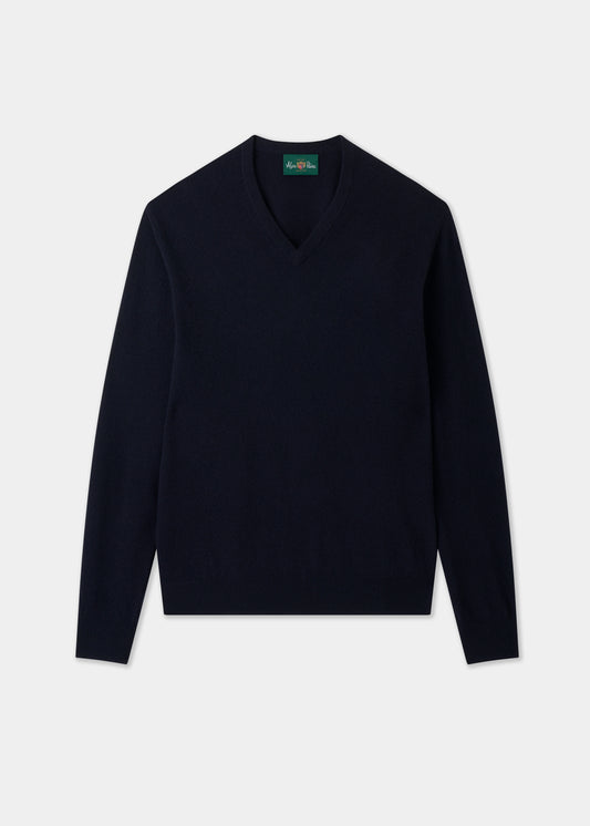 Men's Geelong Wool Vee Neck Jumper in Dark Navy