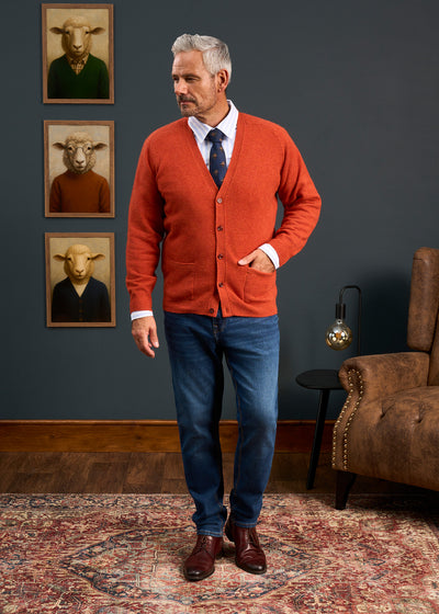 Mens-Lambswool-Cardigan-Orange