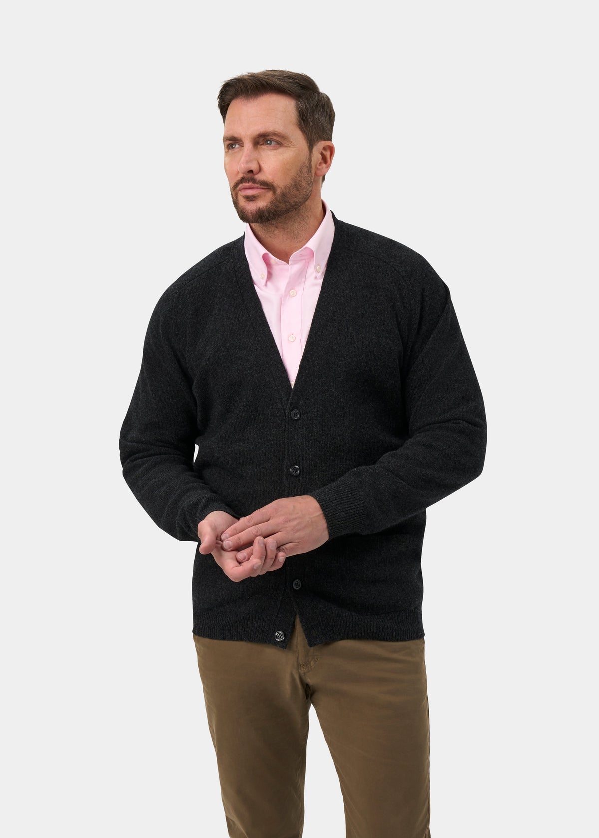 Cornwall Lambswool V-Neck Cardigan In Charcoal - Classic Fit