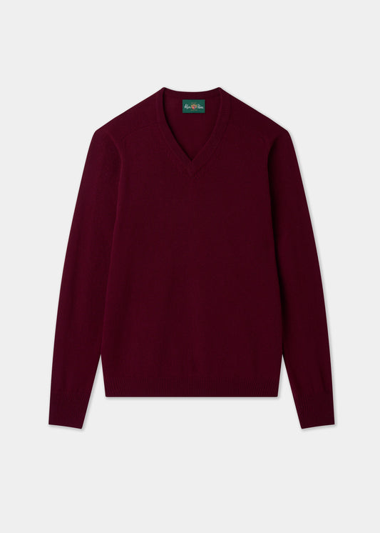 Men's Lambswool Vee Neck Jumper in Bordeaux
