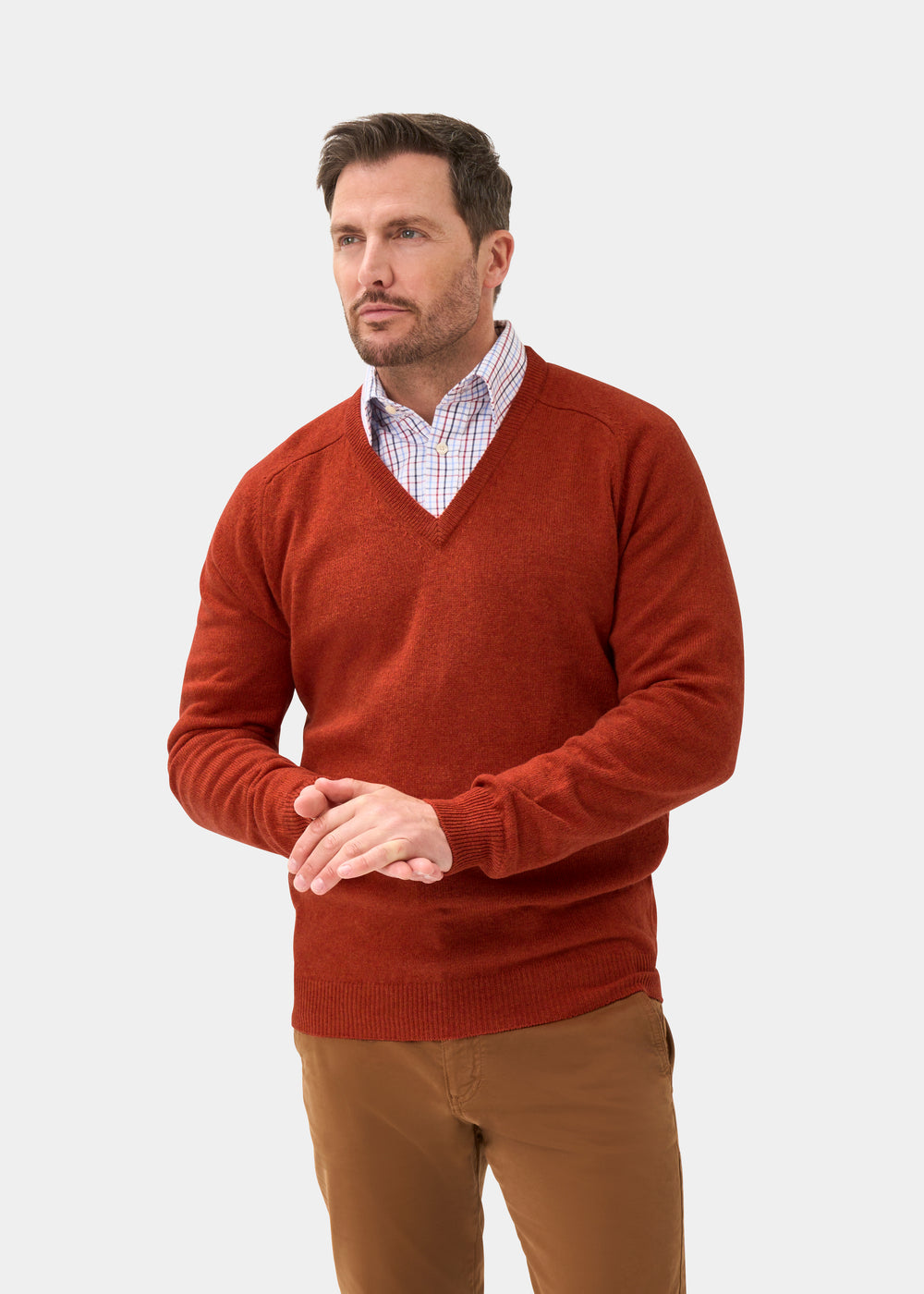 Men's Lambswool Vee Neck Jumper in Ember