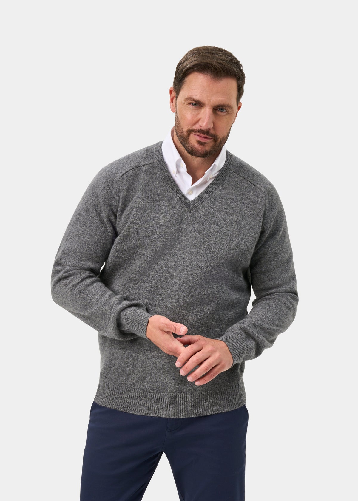 Kilsyth Lambswool V-Neck Jumper In Grey Mix Jumper - Regular Fit