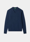 Kilsyth Lambswool Vee Neck Jumper in Jeans, regular fit—premium Yorkshire knitwear. Flat lay on white background.