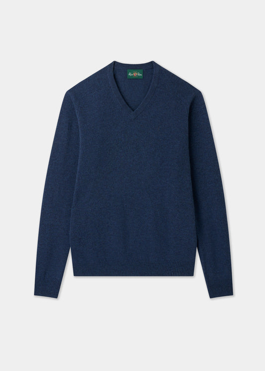 Kilsyth Lambswool Vee Neck Jumper in Jeans, regular fit—premium Yorkshire knitwear. Flat lay on white background.