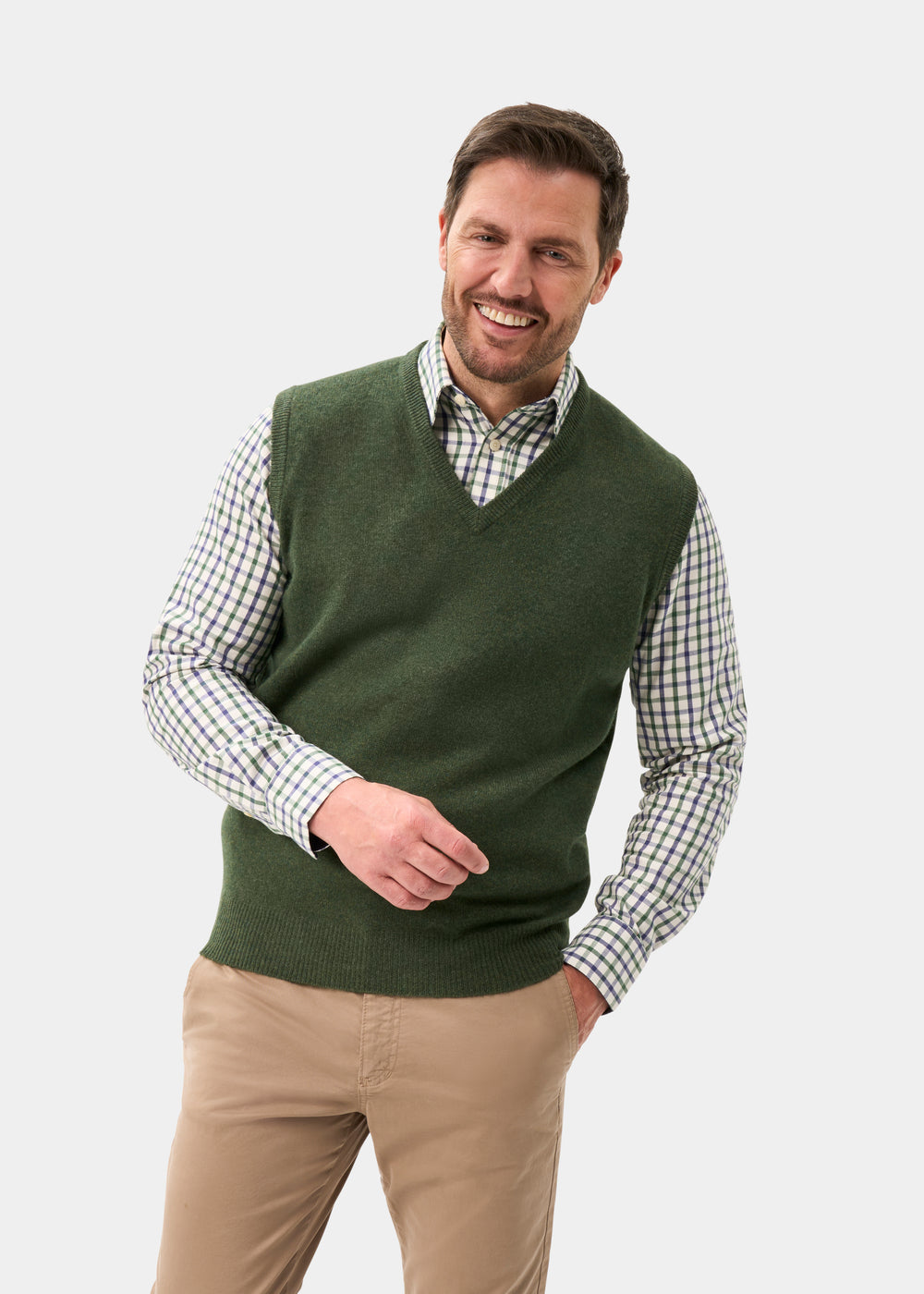 Men's Lambswool Slipover Vee Neck Jumper in Rosemary