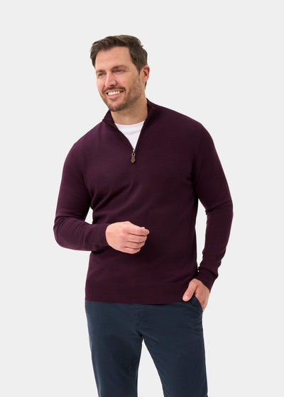 Men's Merino Wool Quarter Zip Neck Jumper in Black Grape