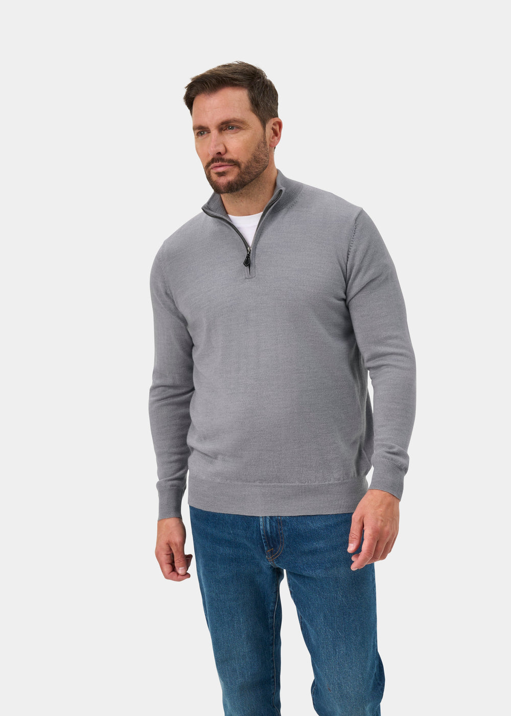 Barton Merino Wool Quarter Zip Jumper In Light Grey Mix - Regular Fit