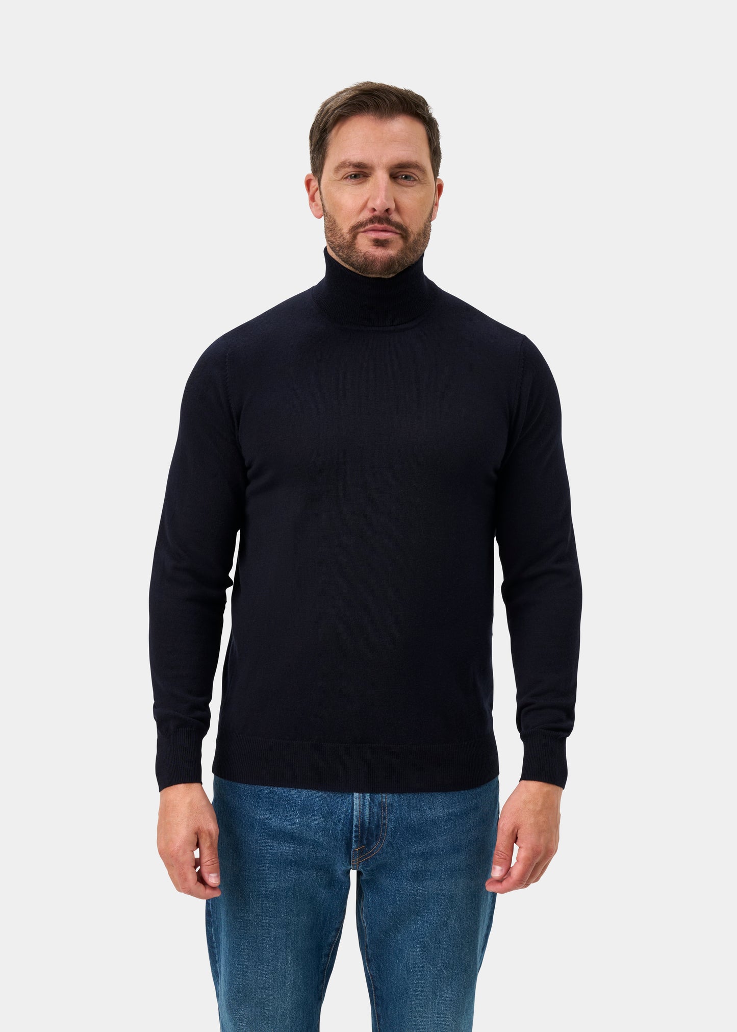Linton Merino Wool Roll Neck Jumper in Dark Navy - Regular Fit