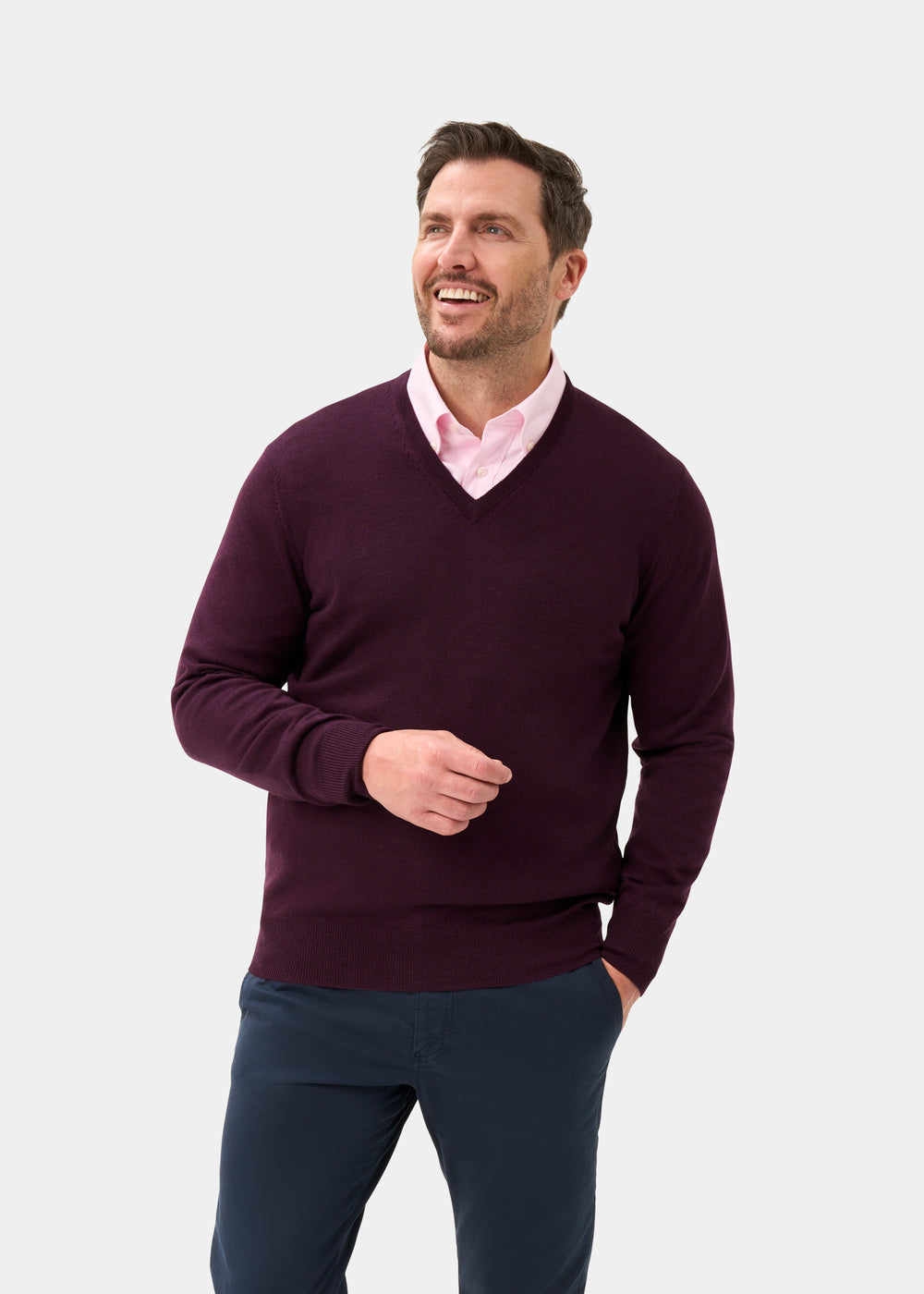 Men's Merino Wool Vee Neck Jumper in Black Grape