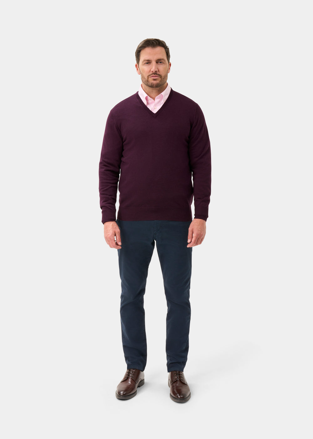 Men's Merino Wool Vee Neck Jumper in Black Grape