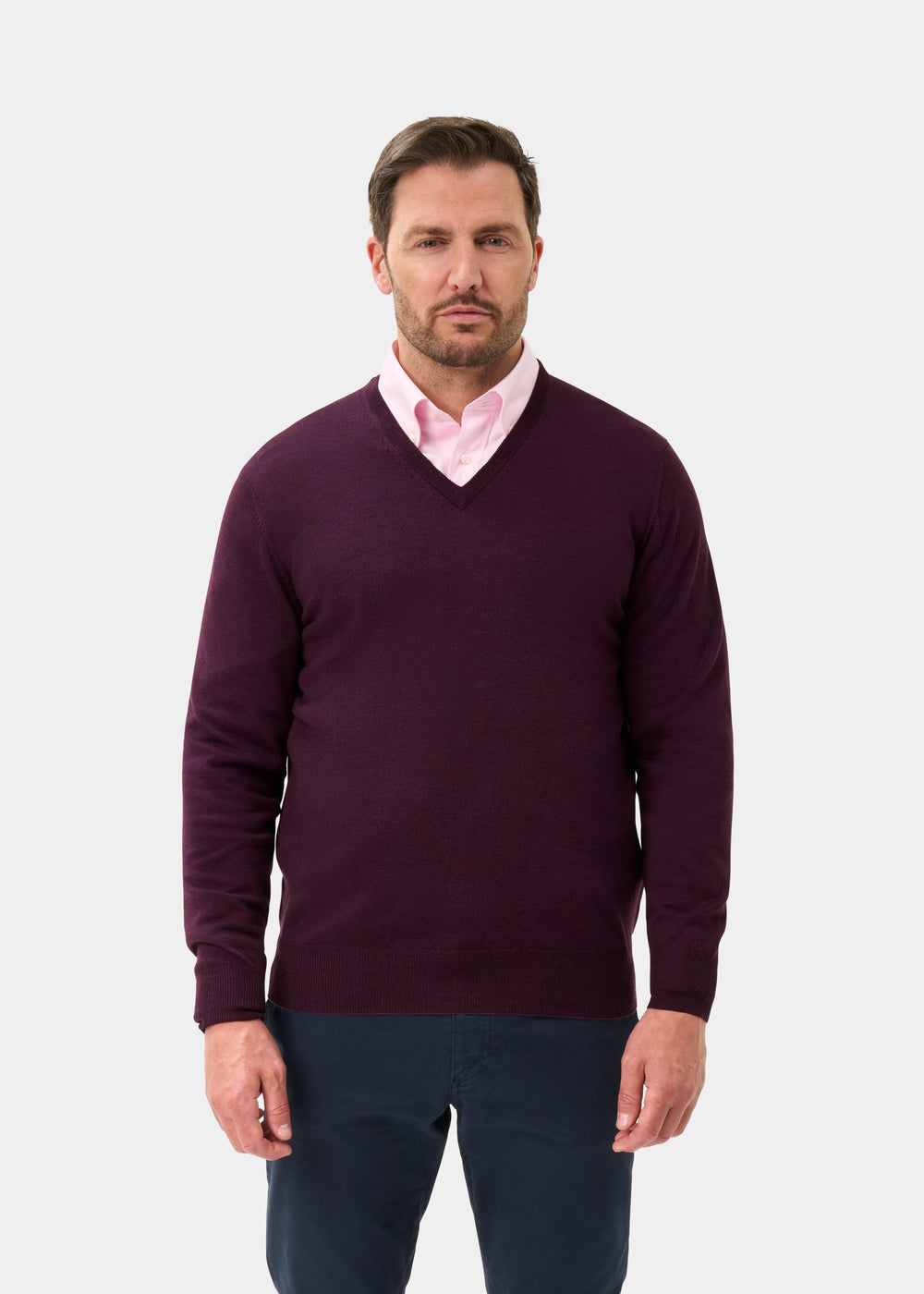 Men's Merino Wool Vee Neck Jumper in Black Grape