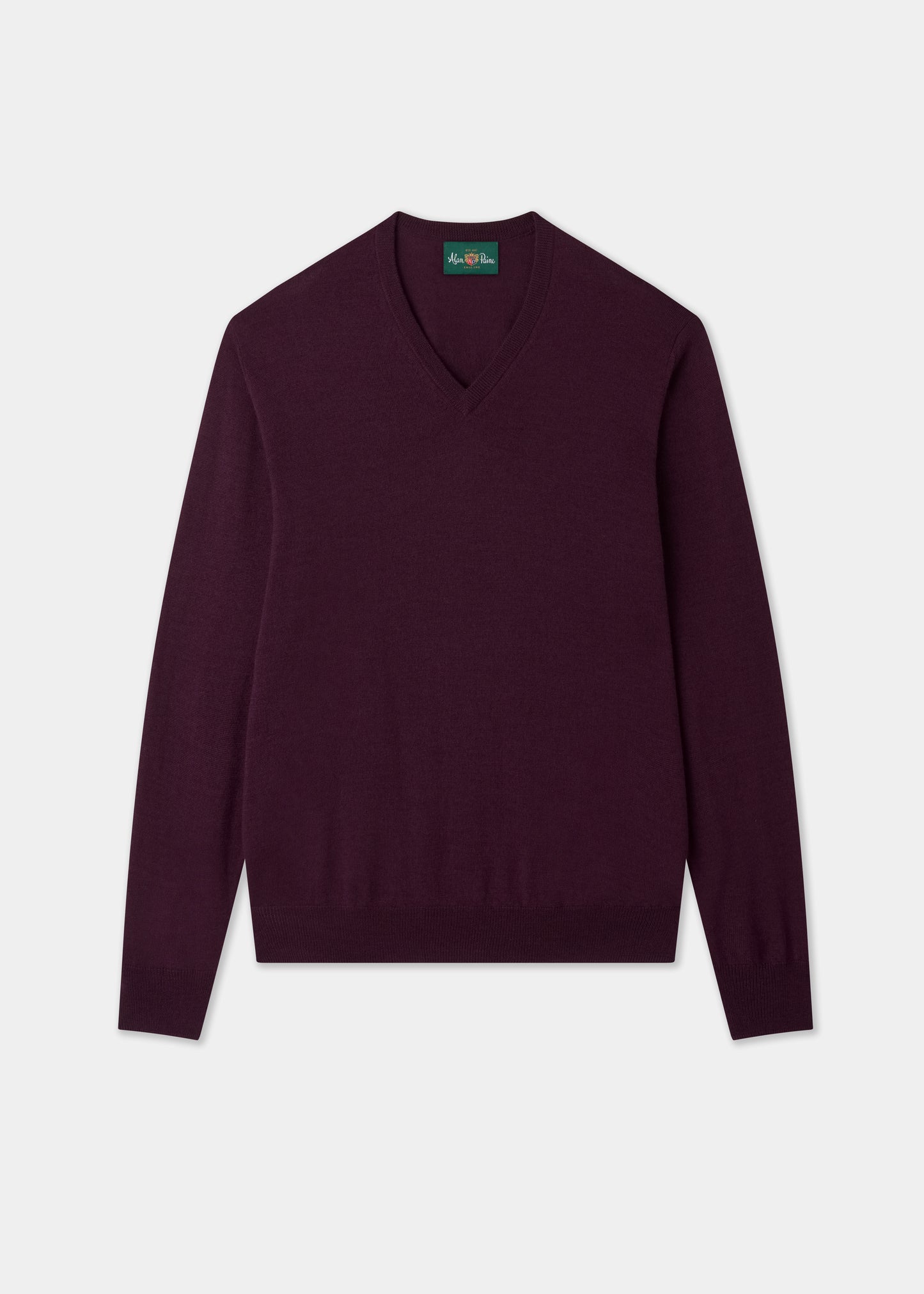 Men's Merino Wool Vee Neck Jumper in Black Grape