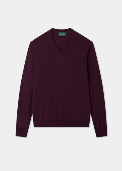 Men's Merino Wool Vee Neck Jumper in Black Grape
