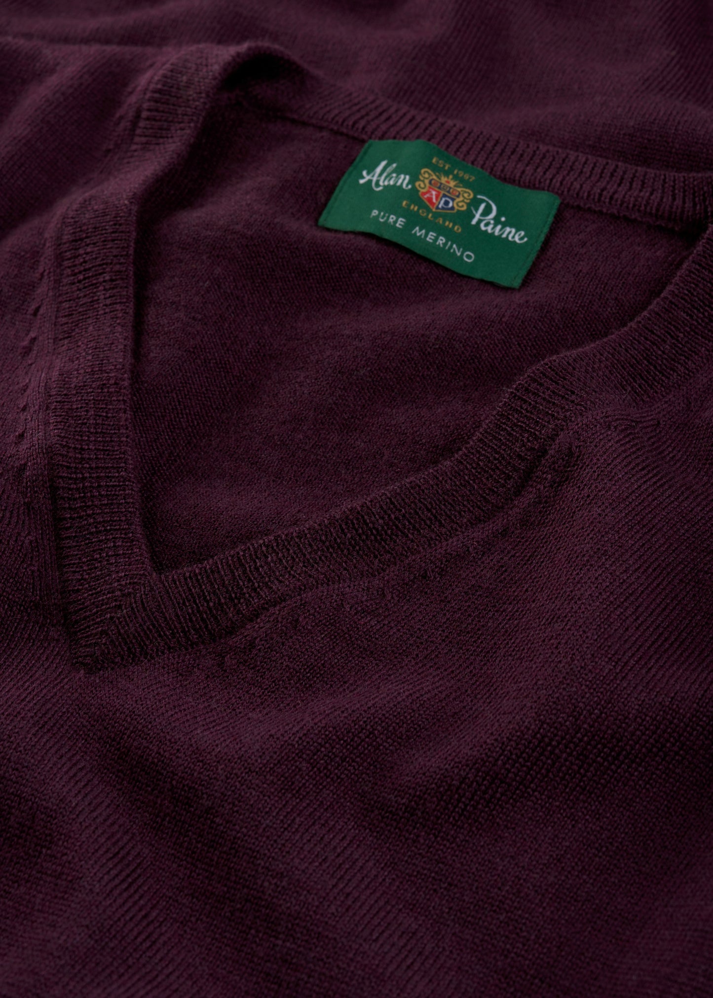 Men's Merino Wool Vee Neck Jumper in Black Grape