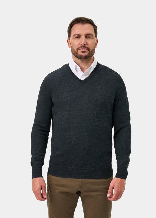 Millbreck Merino Wool V-Neck Jumper In Charcoal - Regular Fit