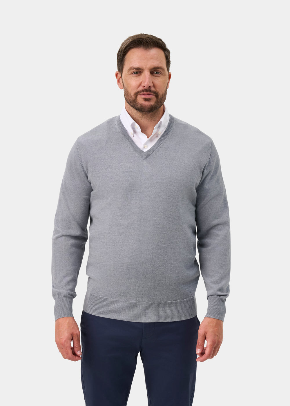 Millbreck Merino Wool Vee Neck Jumper In Light Grey Mix - Regular Fit